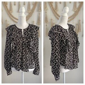GAP cascade ruffle blouse black white chiffon pattern romantic long sleeve xs